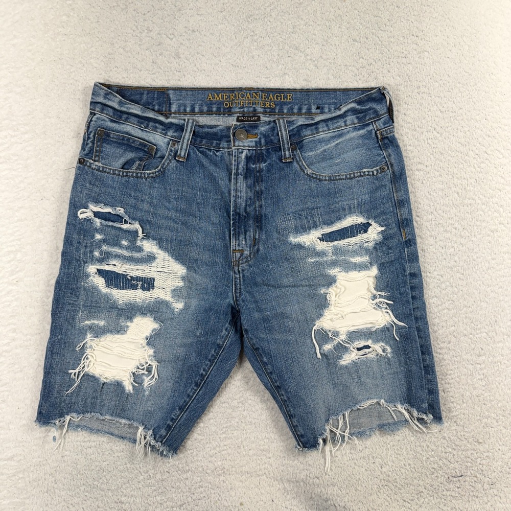 American Eagle Made To Last Slim Straight 33 (W33x8.5) Mens Raw Hem Denim Shorts